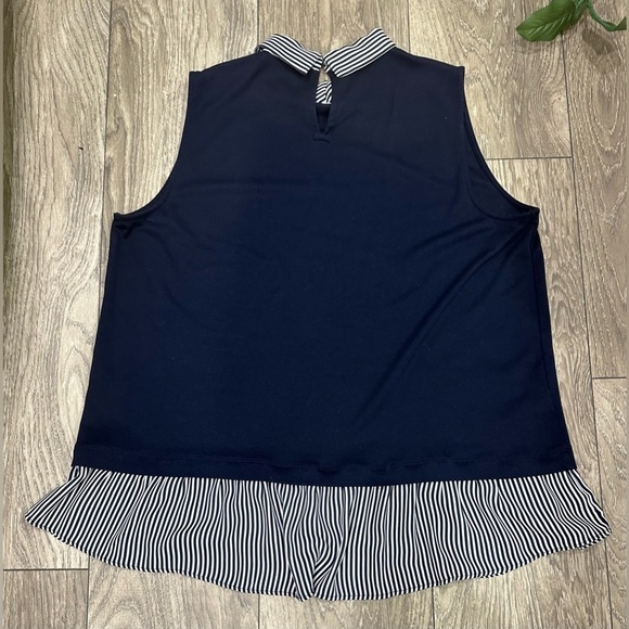 LOFT Navy Blue Sleeveless Top with Striped Collar and Ruffle Hem - Size Large - Picture 4 of 11